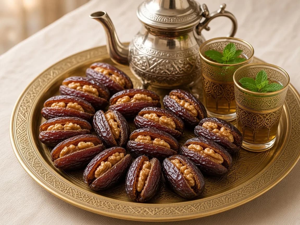 صينية نحاسية فيها طبسيل ديال التمر المحشو بالكركاع مع براد أتاي وكيسان