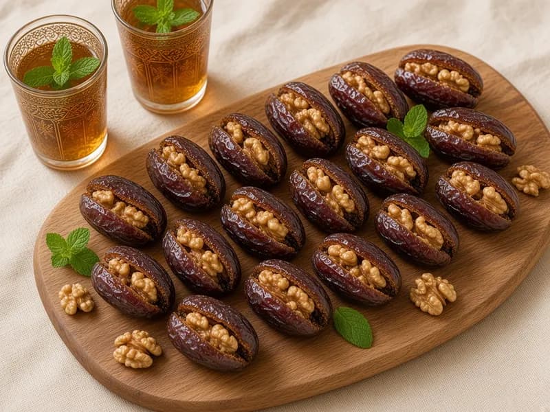 لوحة خشب عليها تمر محشو بالكركاع مع جوج كيسان أتاي