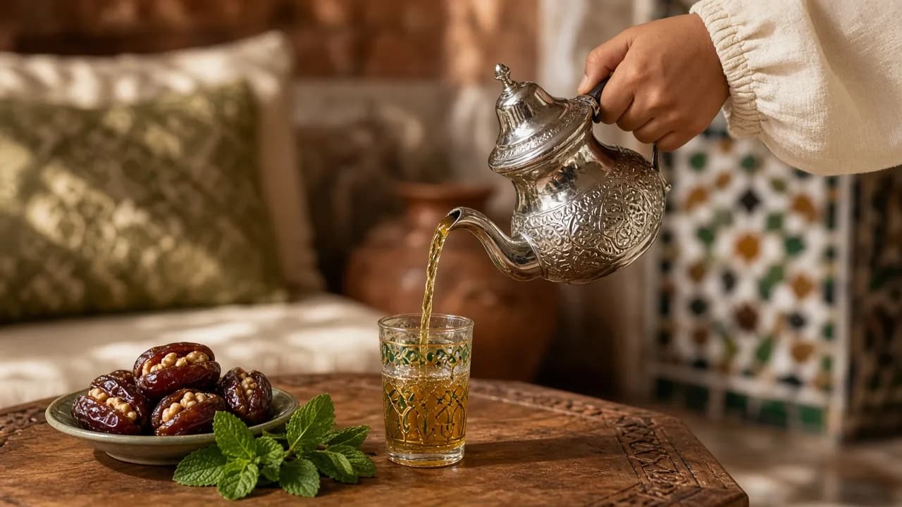 جلسة أتاي مغربية فيها براد وكيسان وطبسيل ديال التمر