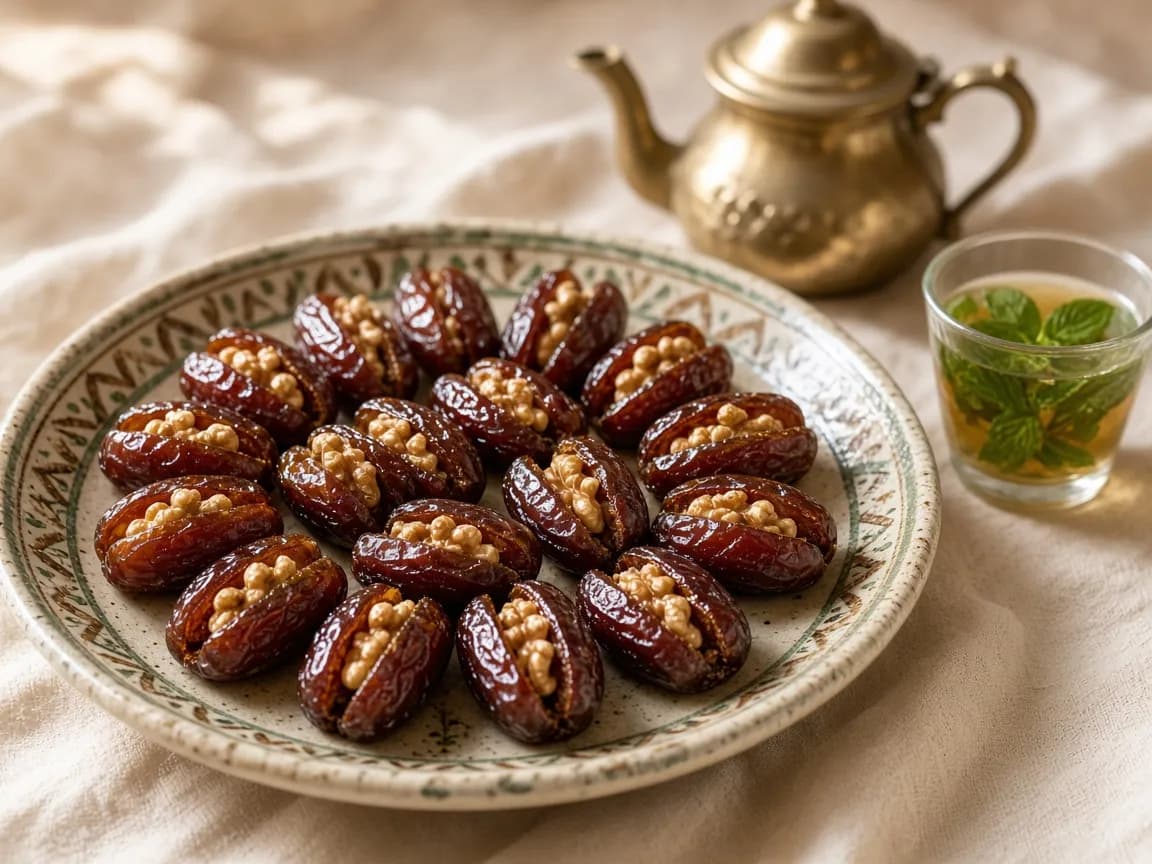 طبسيل كبير فيه بزاف ديال التمر المحشو بالكركاع مع براد أتاي
