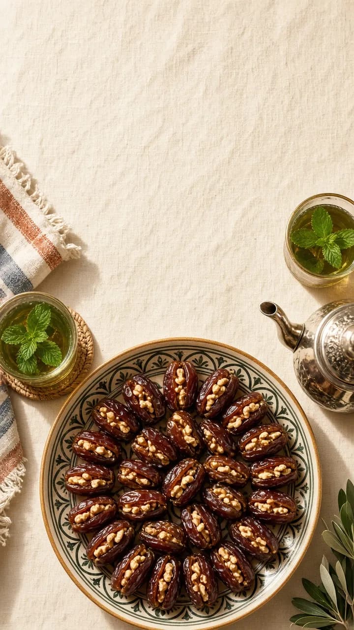 صينية فيها براد أتاي وكيسان وطبسيل ديال التمر المحشو